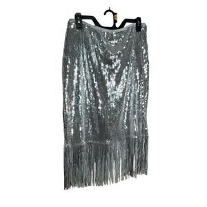 New York & Company Sequin Fringe Tassel Skirt Knee Length Silver Womens Sz L NWT